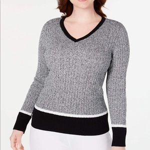 Karen Scott Striped Cable-Knit V-Neck Sweater Blue